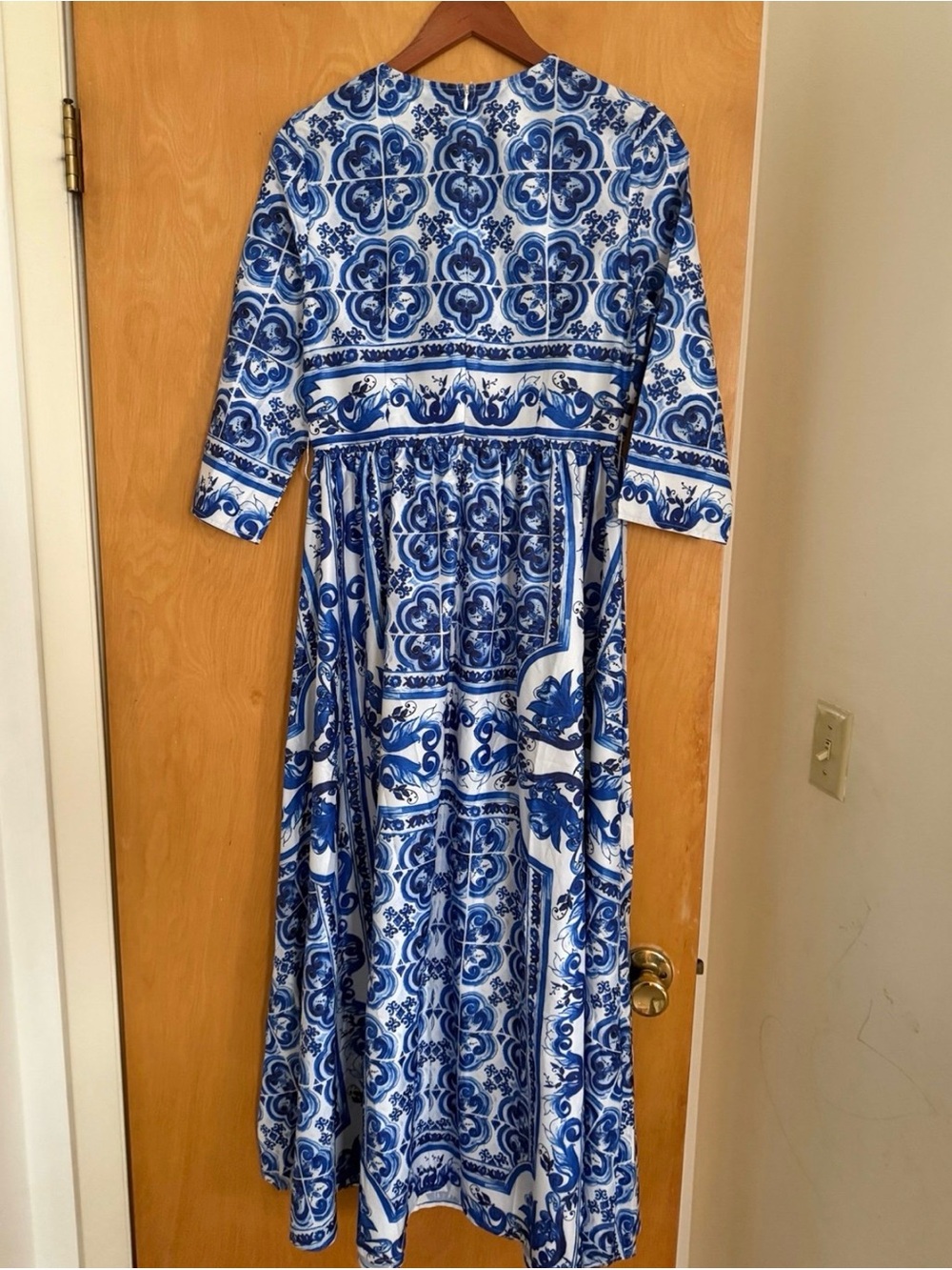 Blue and White Printed Long Sleeve Maxi Dress